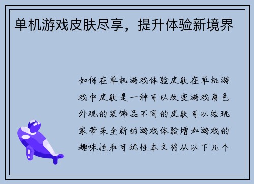 单机游戏皮肤尽享，提升体验新境界